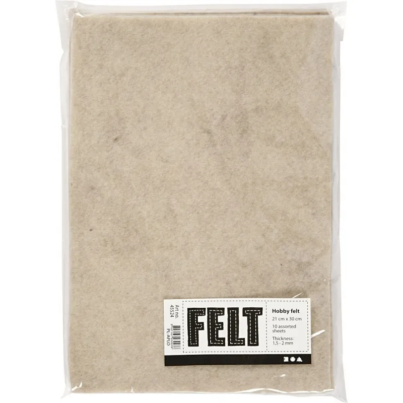 Bastelfilz, A4, Blatt 210x297 mm, Dicke 1,5-2 mm, meliert, Naturweiß, 10 Bl./ 1 Pck