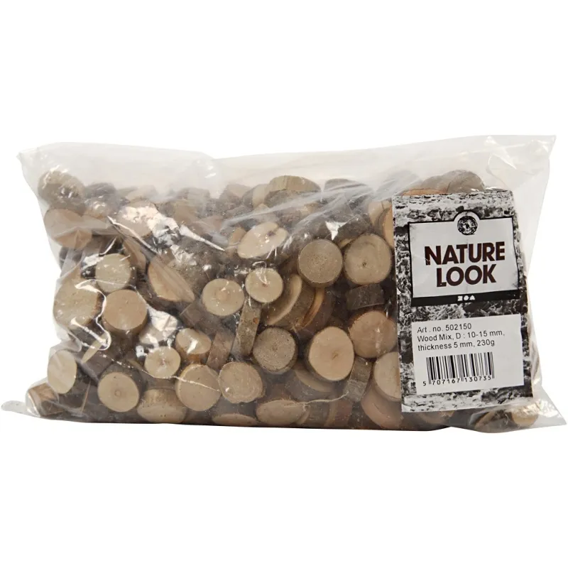 Holzscheiben-Mix, D 10-15 mm, Dicke 5 mm, 230 g/ 1 Pck