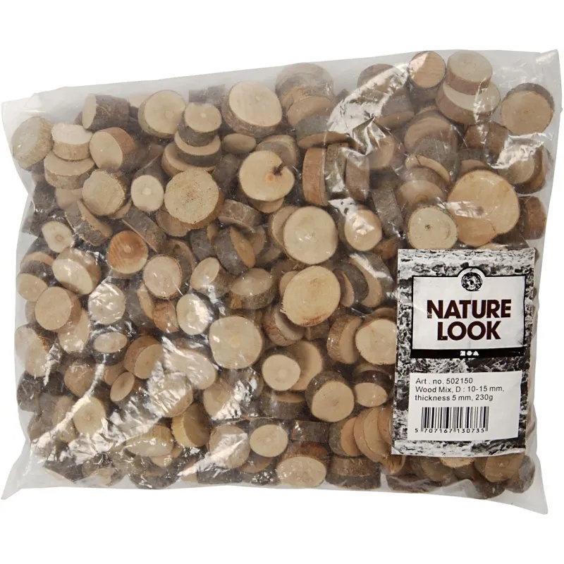 Holzscheiben-Mix, D 10-15 mm, Dicke 5 mm, 230 g/ 1 Pck