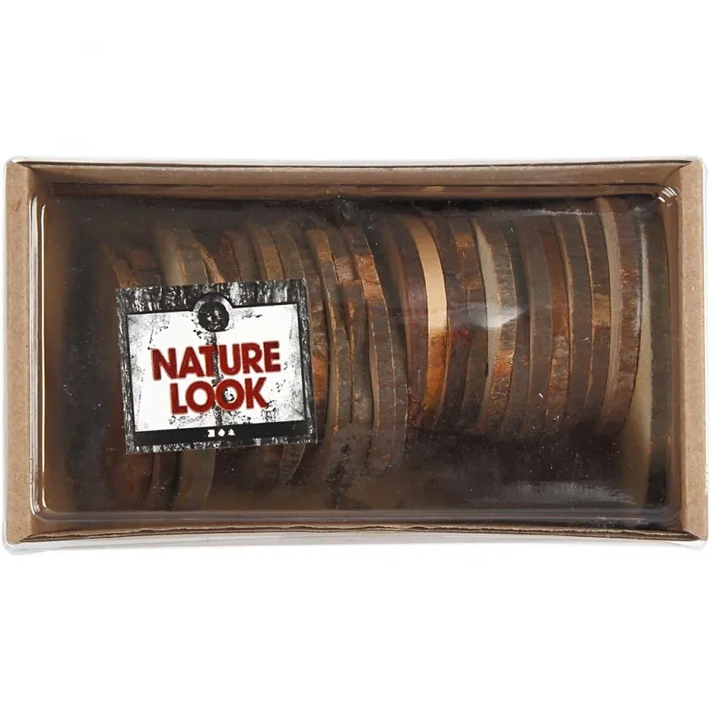 Holzscheiben mit Loch, D 40-70 mm, Lochgröße 4 mm, Dicke 5 mm, ca. 250 g, 25 Stk/ 1 Pck