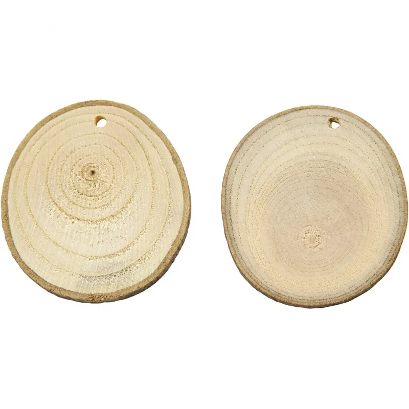 Holzscheiben mit Loch, D 40-70 mm, Lochgröße 4 mm, Dicke 5 mm, ca. 250 g, 25 Stk/ 1 Pck
