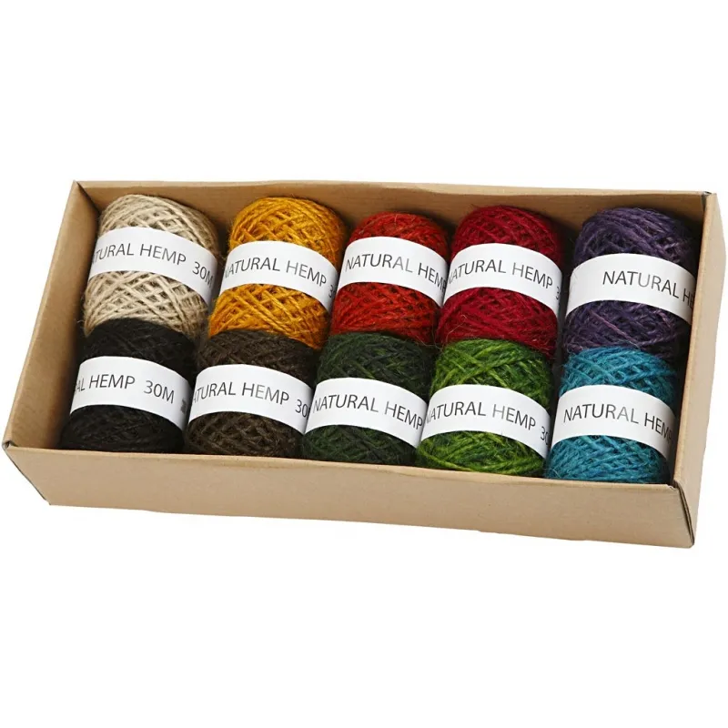 Hanfschnur - Set, Dicke 1-2 mm, Sortierte Farben, 10x30 m/ 1 Pck