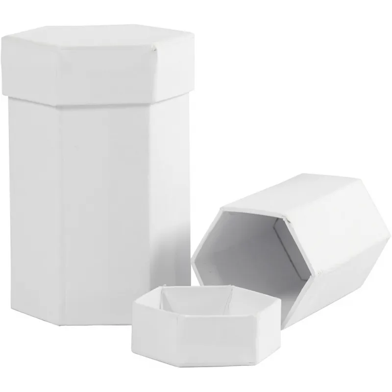 Sechseckige Deckelkartons, H 7+9 cm, Größe 4,5+6 cm, Weiß, 2 Stk/ 1 Set
