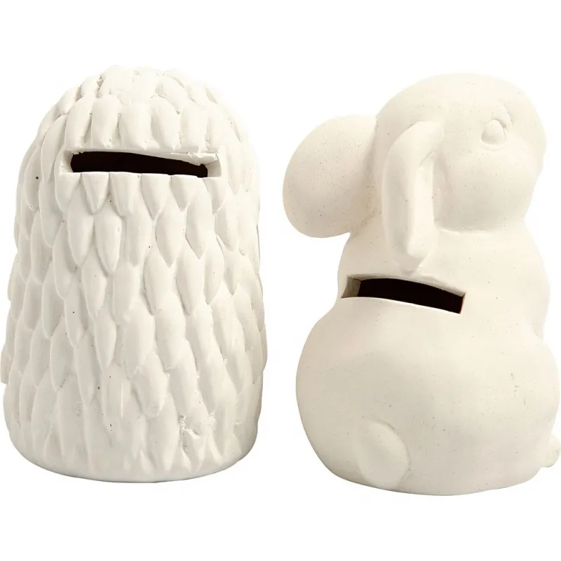 Tier-Spardosen, Igel und Hase, H 10 cm, Weiß, 2 Stk/ 1 Pck