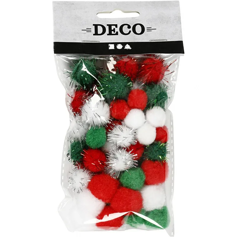 Pompons, D 15+20 mm, Grün, Rot, Weiß, 48 Stk/ 1 Pck