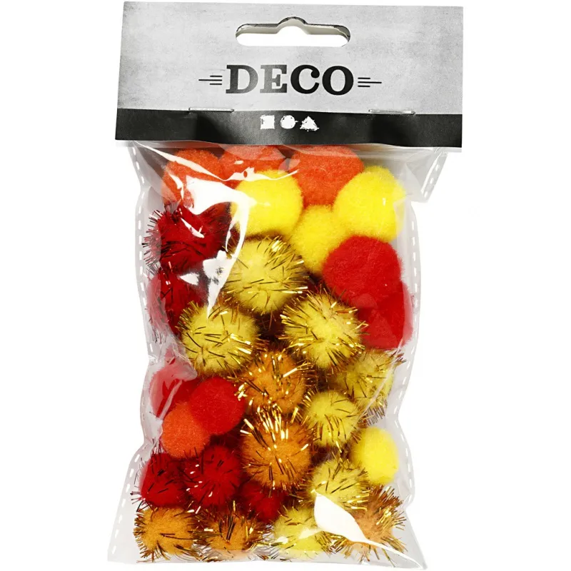 Pompons, D 15+20 mm, Orange, Rot, Gelb, 48 Stk/ 1 Pck