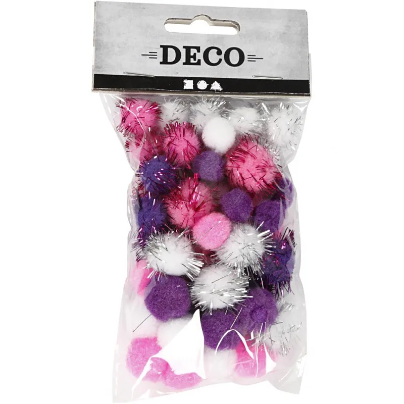 Pompons, D 15+20 mm, Flieder, Rosa, Weiß, 48 Stk/ 1 Pck