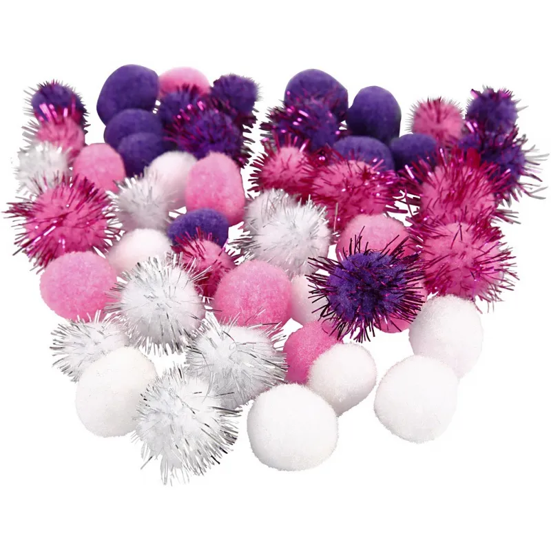 Pompons, D 15+20 mm, Flieder, Rosa, Weiß, 48 Stk/ 1 Pck