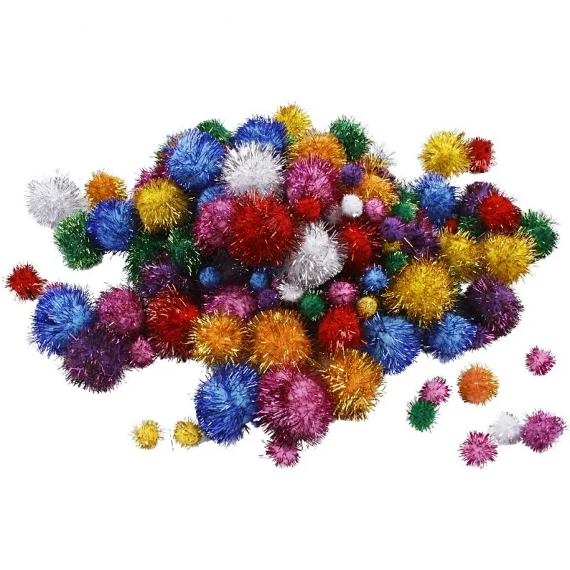 Glitzer-Pompons, D 15-40 mm, Glitter, ca. 400 Stk, Kräftige Farben, 300 g/ 1 Pck