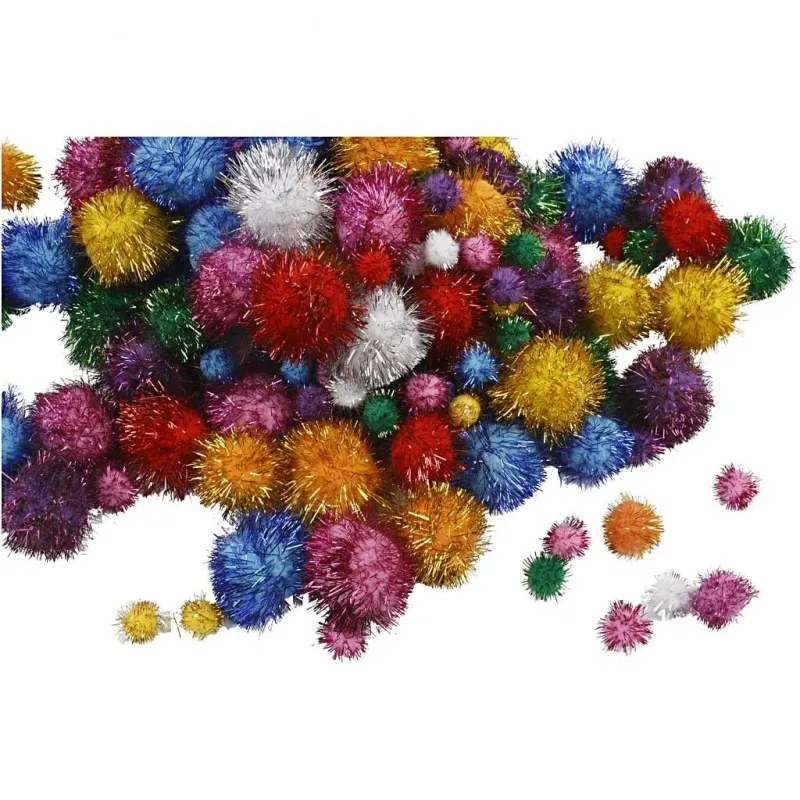 Glitzer-Pompons, D 15-40 mm, Glitter, ca. 400 Stk, Kräftige Farben, 300 g/ 1 Pck