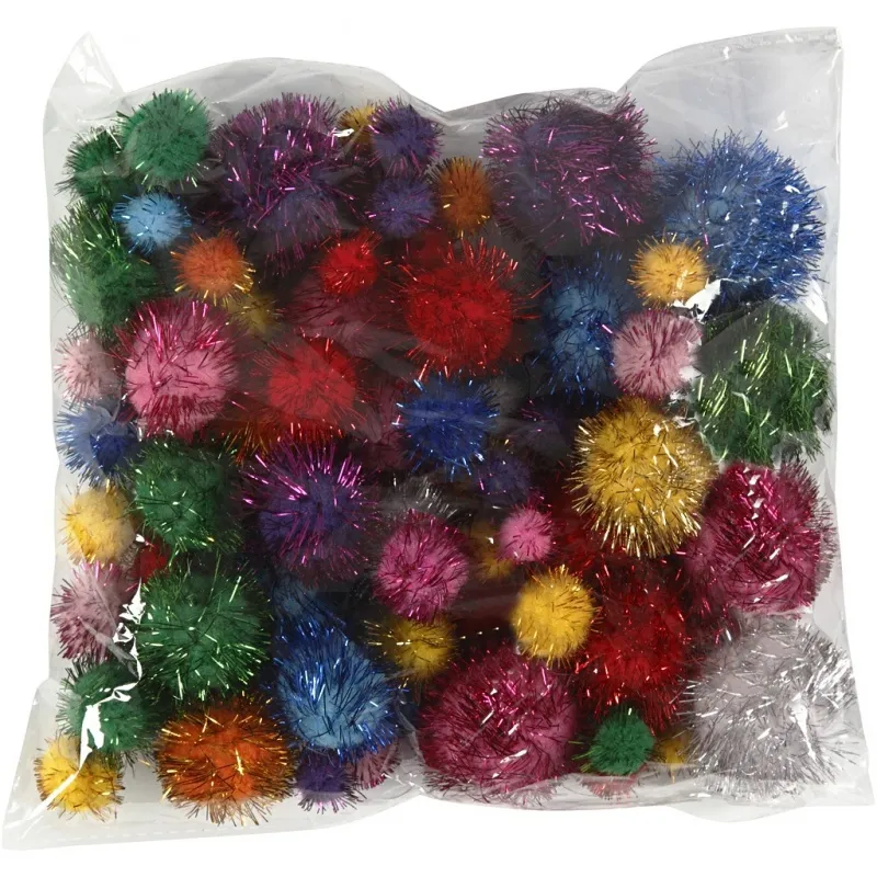 Glitzer-Pompons, D 15-40 mm, Glitter, ca. 90 Stk, Kräftige Farben, 62 g/ 1 Pck