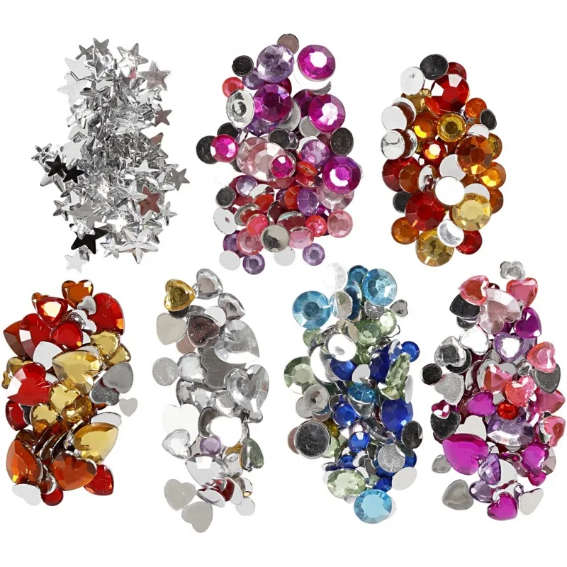 Strasssteine - Mix, Taler, Sterne, Herzen, D 6+7+9+10+11+12+14+16 mm, Blau, Pink, Silber, 300 Stk/ 1 Pck
