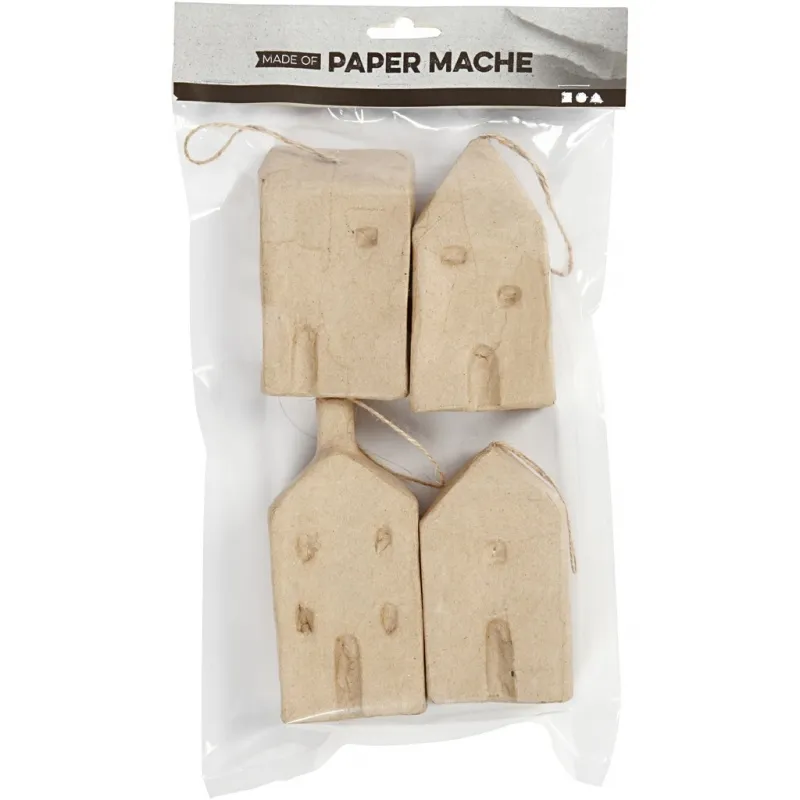 Pappmaché-Haus, H 9,5-12 cm, L 5,5-6,5 cm, B 3 cm, 4 Stk/ 1 Pck
