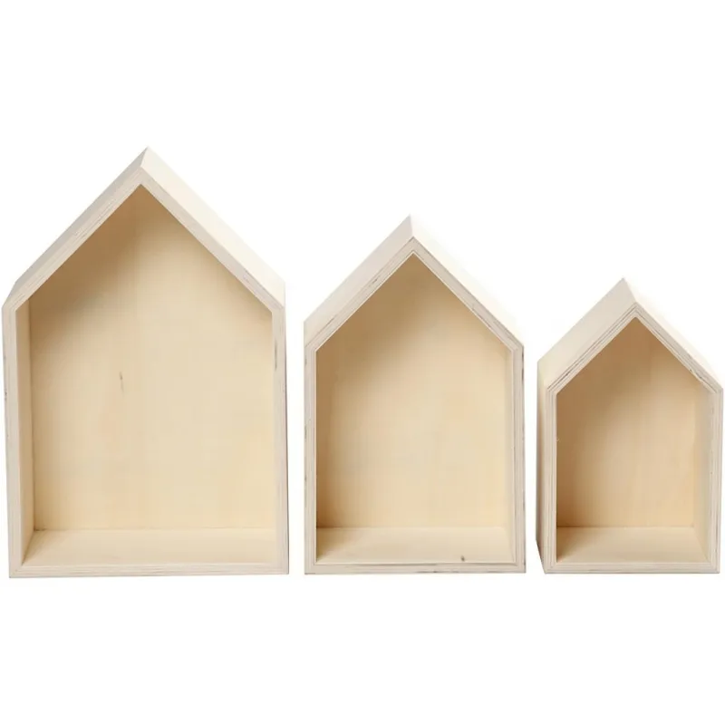 Aufbewahrungsboxen aus Holz, Häuser, H 20,3+25,3+31 cm, T 10 cm, B 13+16,2+20 cm, 3 Stk/ 1 Set