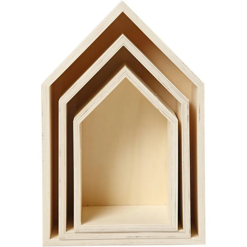 Aufbewahrungsboxen aus Holz, Häuser, H 20,3+25,3+31 cm, T 10 cm, B 13+16,2+20 cm, 3 Stk/ 1 Set