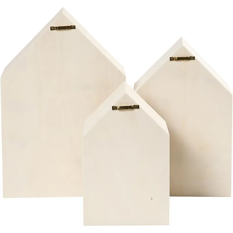 Aufbewahrungsboxen aus Holz, Häuser, H 20,3+25,3+31 cm, T 10 cm, B 13+16,2+20 cm, 3 Stk/ 1 Set