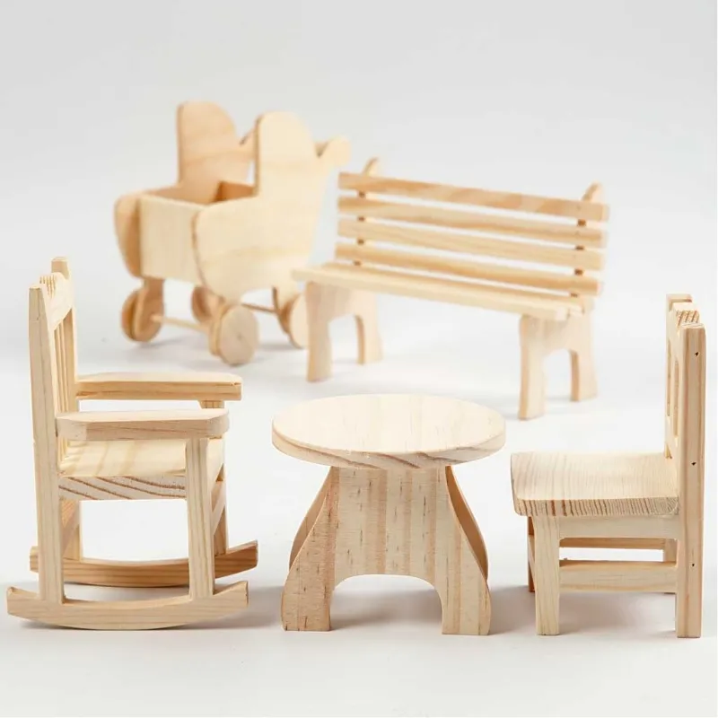 Mini-Möbel - Sortiment, Gartentisch, Kinderwagen, Stuhl, Schaukelstuhl, Bank, H 5,8-10,5 cm, 50 Stk/ 1 Pck