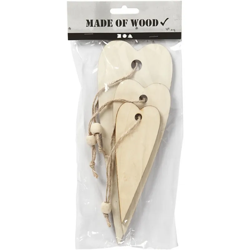Holzdekorationen zum Aufhängen, längliche Herzen, H 12+16+20 cm, Dicke 5 mm, 3 Stk/ 1 Pck