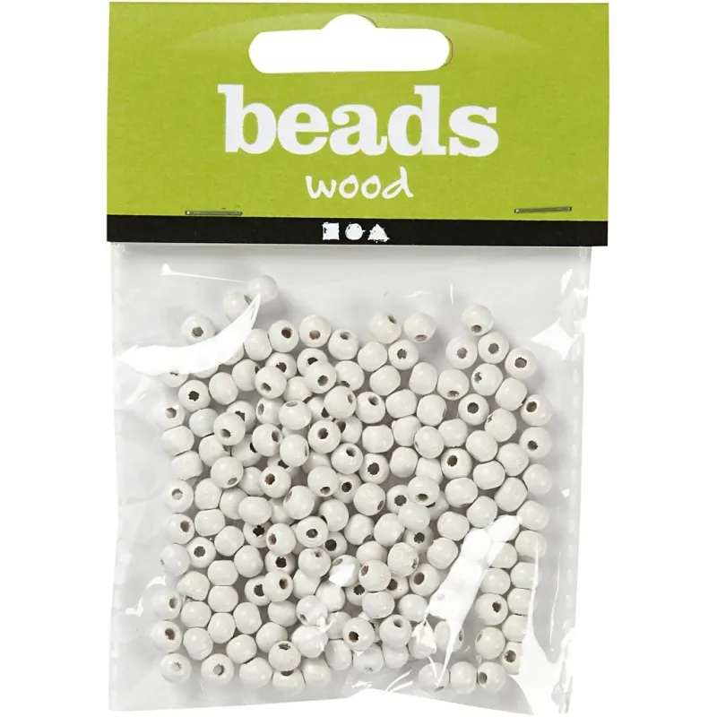 Holzperlen, D 5 mm, Lochgröße 1,5 mm, ca. 150 Stk, Weiß, 6 g/ 1 Pck
