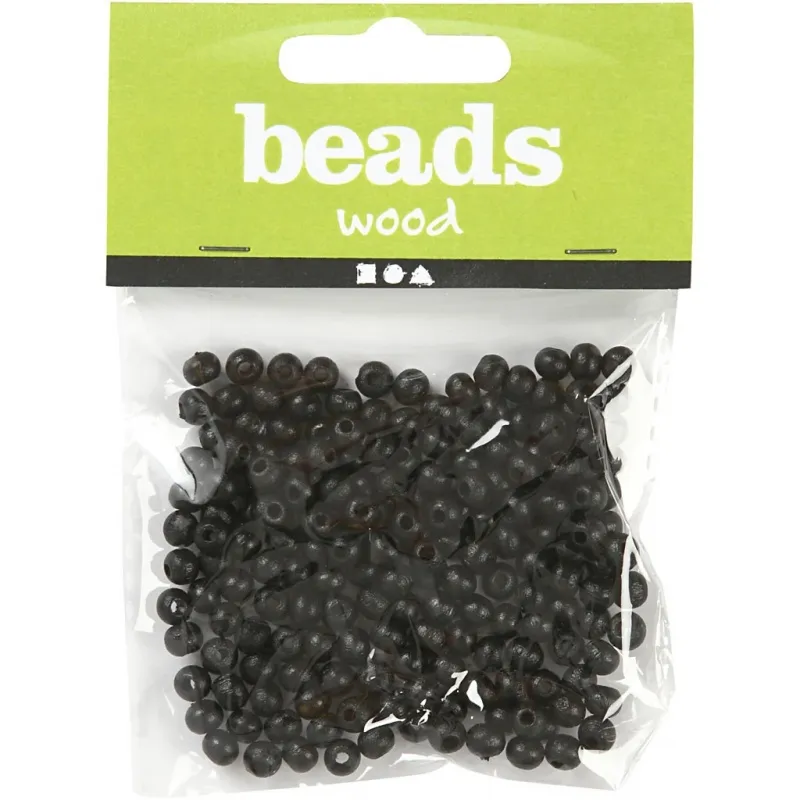 Holzperlen, D 5 mm, Lochgröße 1,5 mm, ca. 150 Stk, Schwarz, 6 g/ 1 Pck