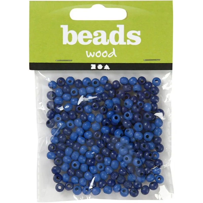 Holzperlen, D 5 mm, Lochgröße 1,5 mm, ca. 150 Stk, Blau, 6 g/ 1 Pck