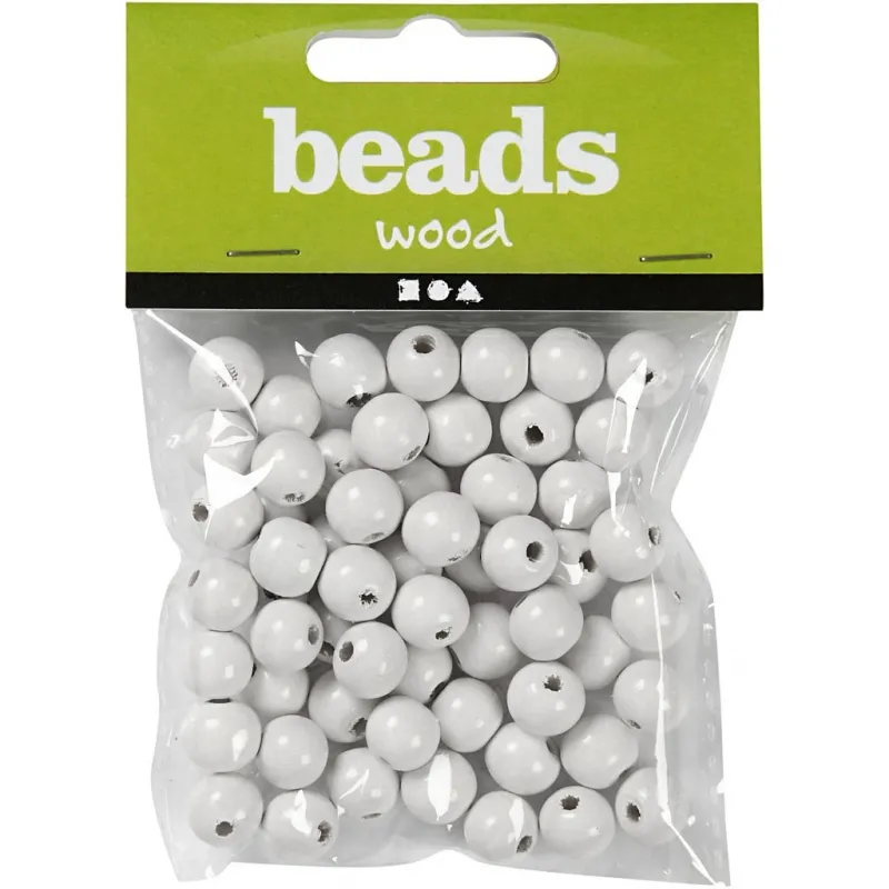 Holzperlen, D 12 mm, Lochgröße 3 mm, ca. 40 Stk, Weiß, 22 g/ 1 Pck