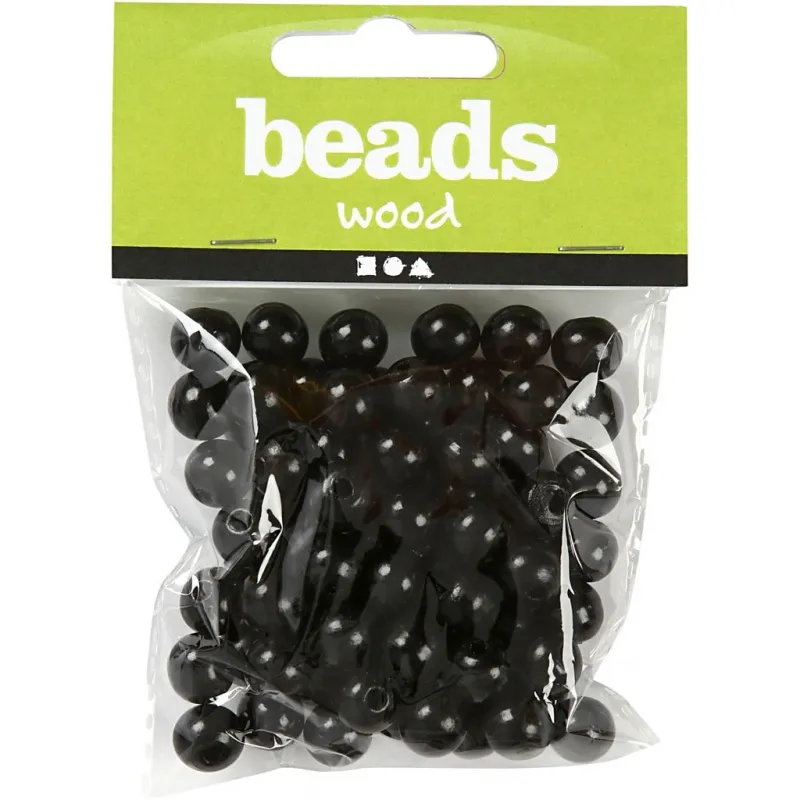 Holzperlen, D 12 mm, Lochgröße 3 mm, ca. 40 Stk, Schwarz, 22 g/ 1 Pck