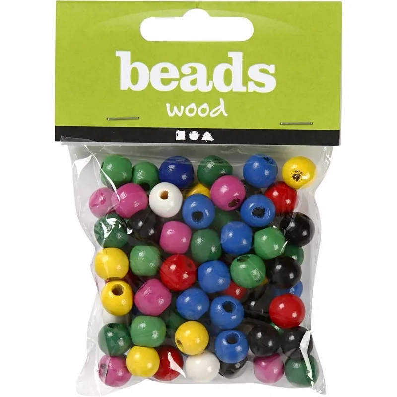 Holzperlen-Mix, D 12 mm, Lochgröße 3 mm, ca. 40 sort., Sortierte Farben, 22 g/ 1 Pck