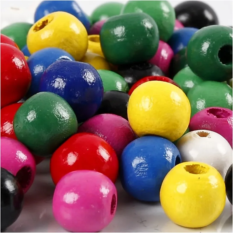 Holzperlen-Mix, D 12 mm, Lochgröße 3 mm, ca. 40 sort., Sortierte Farben, 22 g/ 1 Pck