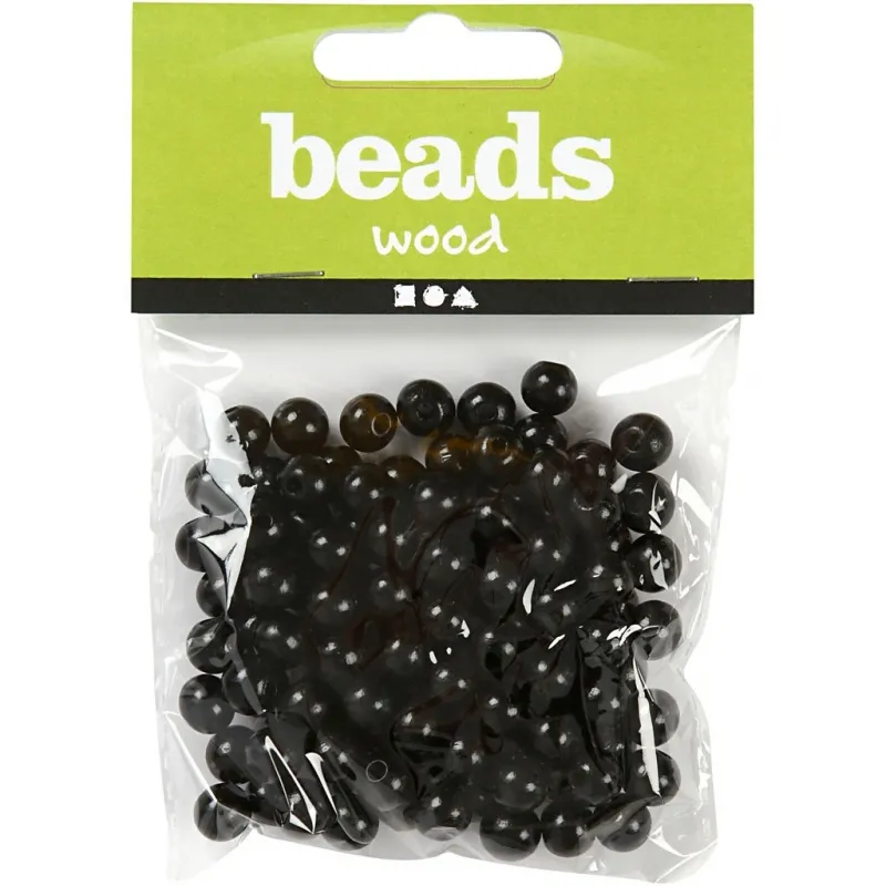 Holzperlen, D 8 mm, Lochgröße 2 mm, ca. 80 Stk, Schwarz, 15 g/ 1 Pck