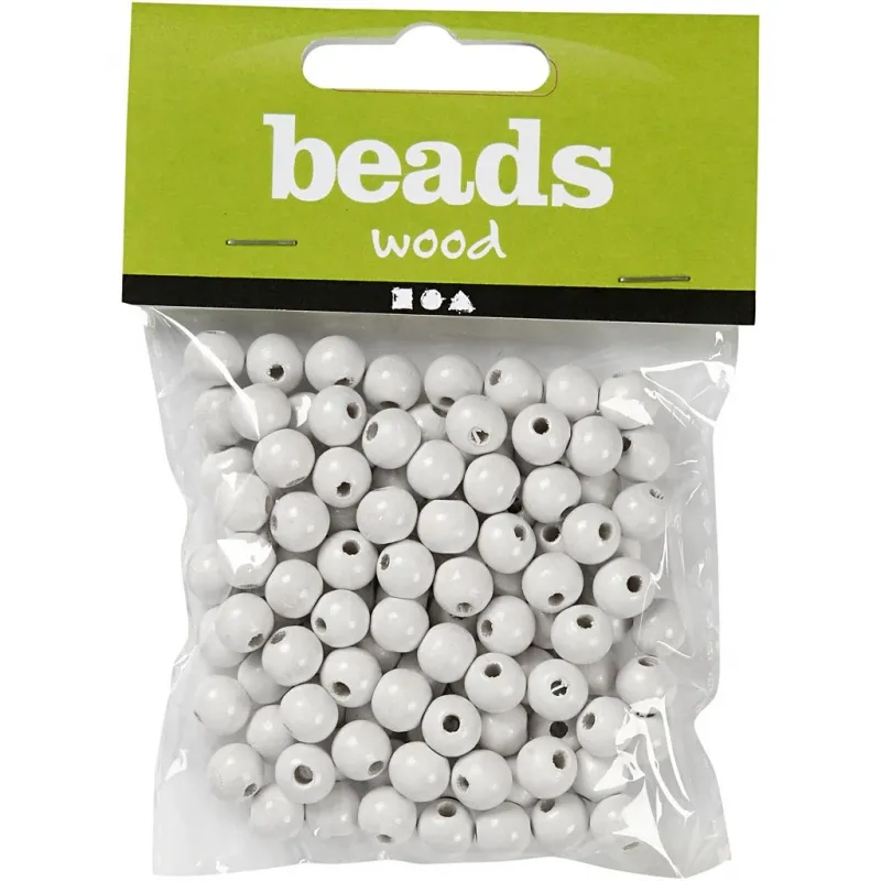 Holzperlen, D 10 mm, Lochgröße 3 mm, ca. 70 Stk, Weiß, 20 g/ 1 Pck