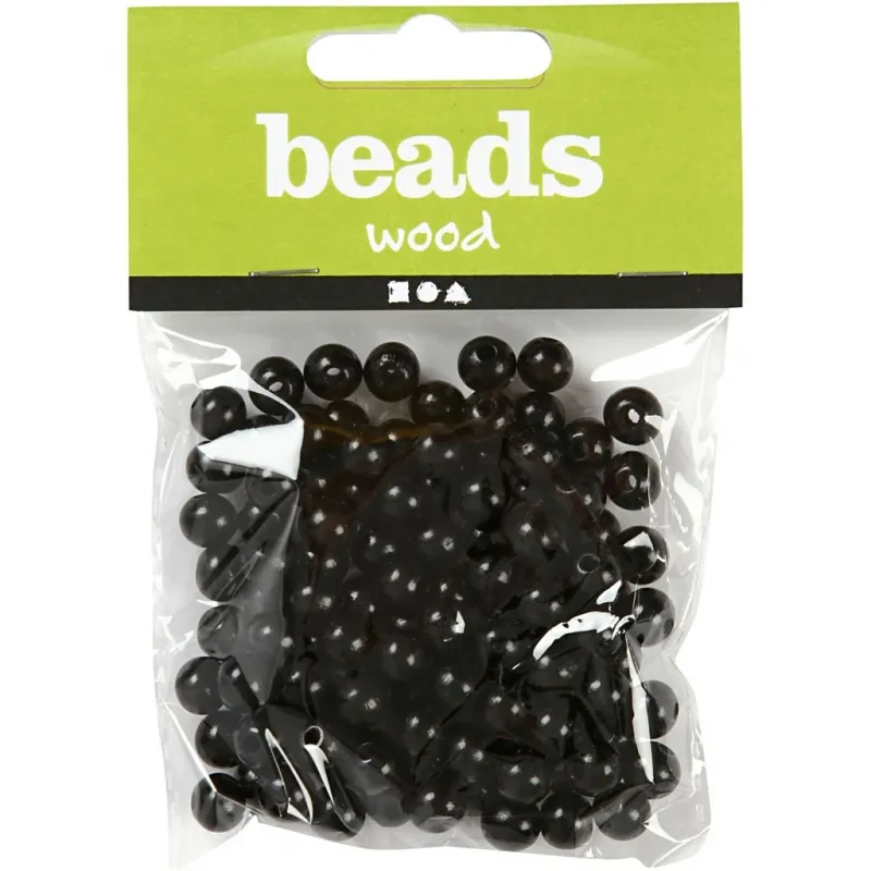 Holzperlen, D 10 mm, Lochgröße 3 mm, ca. 70 Stk, Schwarz, 20 g/ 1 Pck