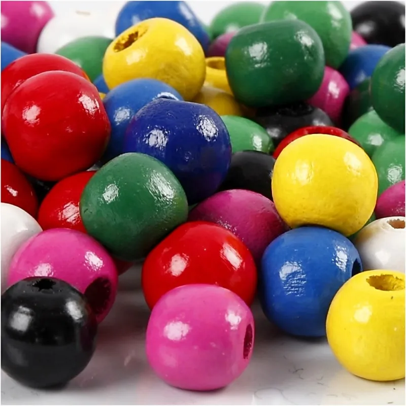 Holzperlen-Mix, D 10 mm, Lochgröße 3 mm, ca. 70 sort., Sortierte Farben, 20 g/ 1 Pck