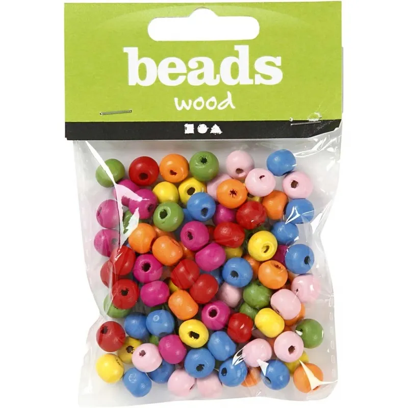 Holzperlen, D 8 mm, Lochgröße 1,5-2 mm, ca. 90 sort., Sortierte Farben, 16 g/ 1 Pck