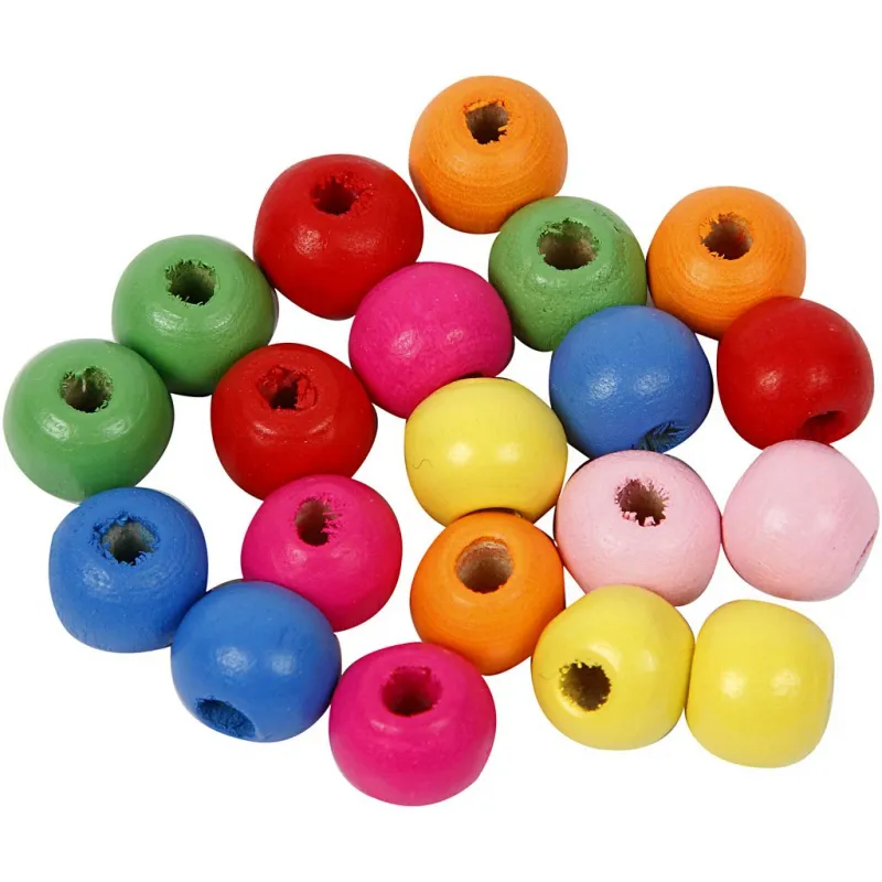 Holzperlen, D 10 mm, Lochgröße 2,5-3 mm, ca. 1500 Stk, Sortierte Farben, 500 g/ 1 Btl.