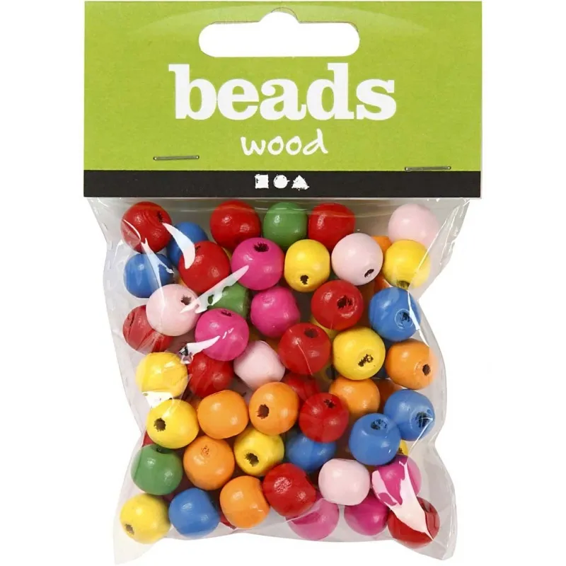 Holzperlen, D 10 mm, Lochgröße 2,5-3 mm, ca. 70 sort., Sortierte Farben, 22 g/ 1 Pck