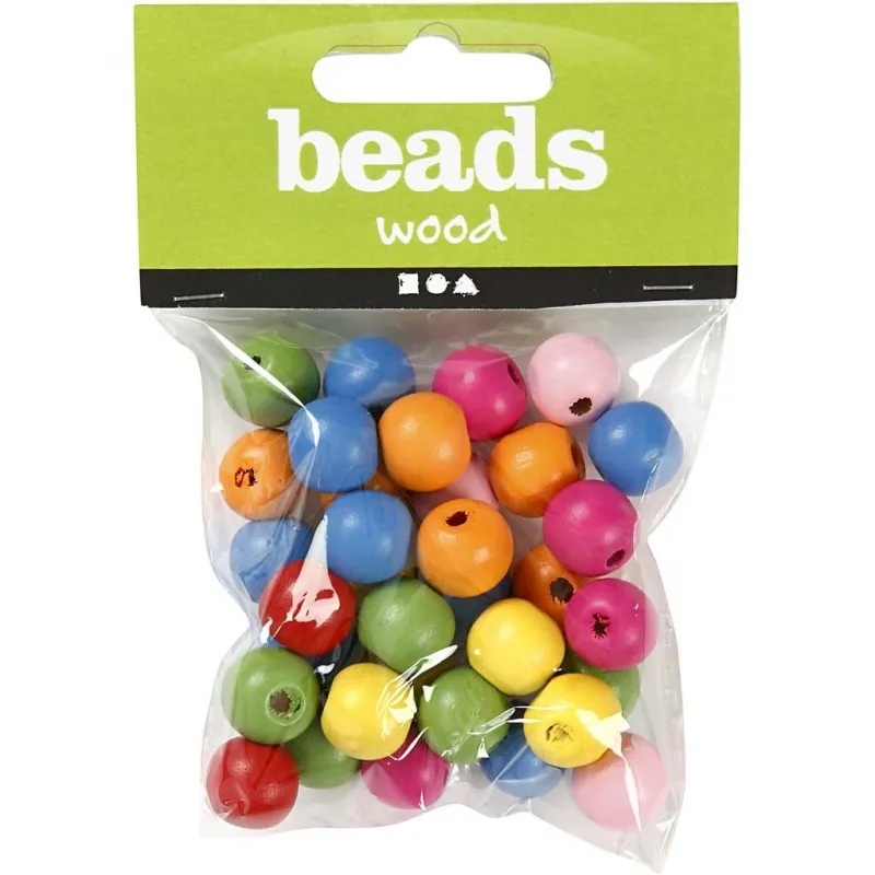 Holzperlen, D 12 mm, Lochgröße 2,5-3 mm, ca. 40 sort., Sortierte Farben, 22 g/ 1 Pck