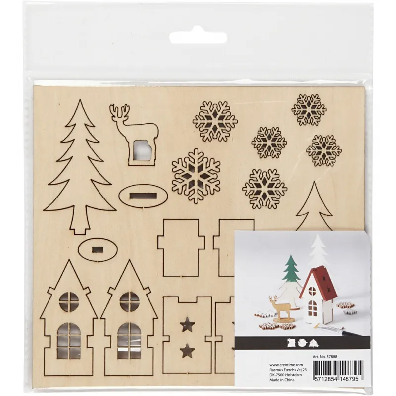 Zusammensteckbare Holzfiguren, Haus, Baum, Hirsch, L 15,5 cm, B 17 cm, Dicke 3 mm, 1 Pck