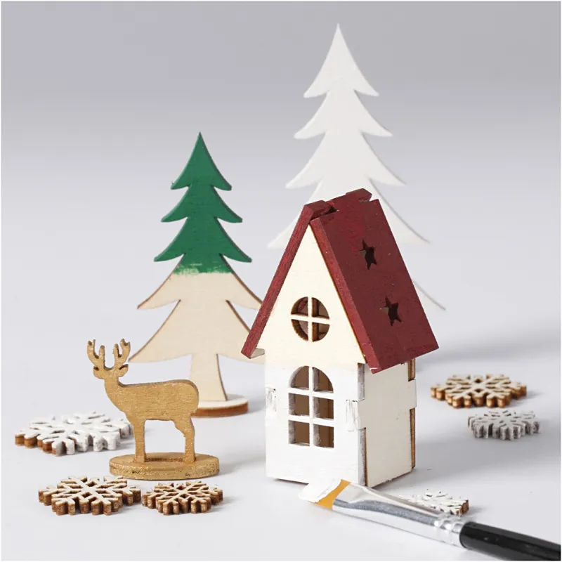Zusammensteckbare Holzfiguren, Haus, Baum, Hirsch, L 15,5 cm, B 17 cm, Dicke 3 mm, 1 Pck