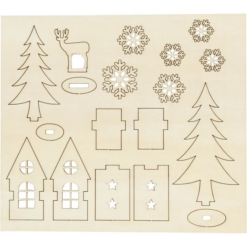 Zusammensteckbare Holzfiguren, Haus, Baum, Hirsch, L 15,5 cm, B 17 cm, Dicke 3 mm, 1 Pck
