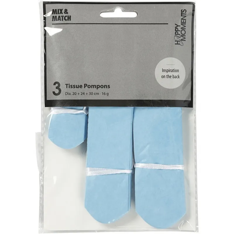 Seidenpapier-Pompons, D 20+24+30 cm, 16 g, Hellblau, 3 Stk/ 1 Pck