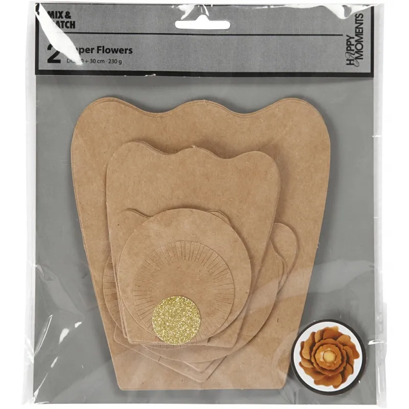 Papierblumen, D 15+25 cm, Natur, 2 Stk/ 1 Pck