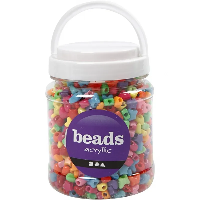 Kunststoffperlen-Mix Figuren, D 10 mm, Lochgröße 3,5 mm, ca. 1530 Stk, Sortierte Farben, 400 g, 700 ml/ 1 Dose
