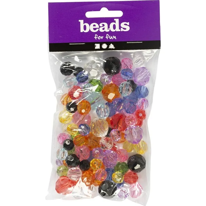 Facettenperlen, Größe 10-12-16 mm, Lochgröße 1-2,5 mm, Sortierte Farben, 75 g, 100 Stk/ 1 Pck