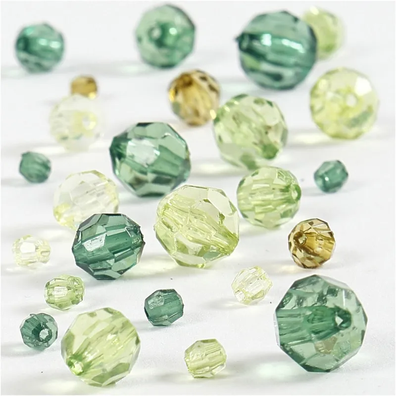 Facettenperlen, Größe 4-12 mm, Lochgröße 1-2,5 mm, ca. 860 Stk, Grün mit Glitter, 250 g/ 1 Pck