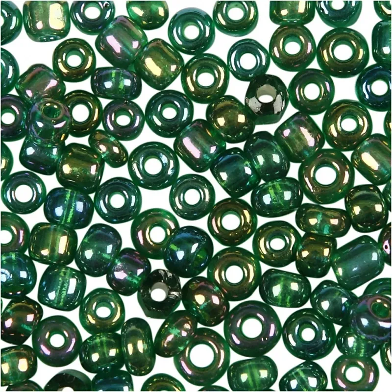 Rocailles-Perlen, D 3 mm, Größe 8/0, Lochgröße 0,6-1,0 mm, Grün irisierend, 25 g/ 1 Pck