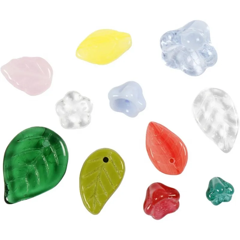 Glasperlen, Blätter, Blumen, D 6-17 mm, Lochgröße 0,5-1,5 mm, Sortierte Farben, 350 g/ 1 Pck