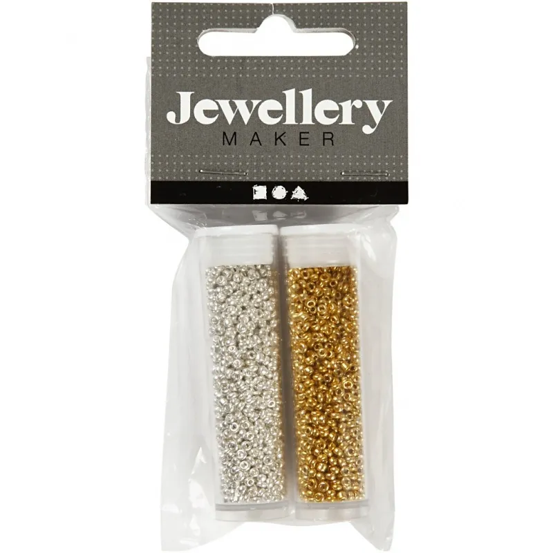 Rocailles-Perlen, D 1,7 mm, Größe 15/0, Lochgröße 0,5-0,8 mm, Gold, Silber, 2x7 g/ 1 Pck