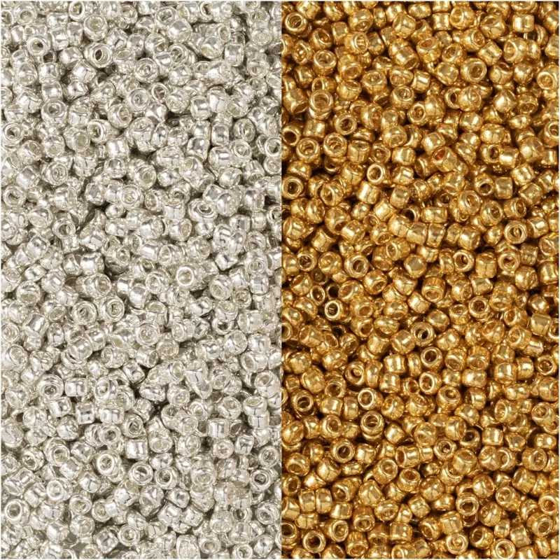 Rocailles-Perlen, D 1,7 mm, Größe 15/0, Lochgröße 0,5-0,8 mm, Gold, Silber, 2x7 g/ 1 Pck