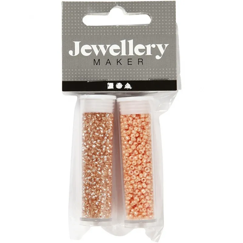 Rocailles-Perlen, D 1,7 mm, Größe 15/0, Lochgröße 0,5-0,8 mm, Pfirsich, Hellpfirsich, 2x7 g/ 1 Pck
